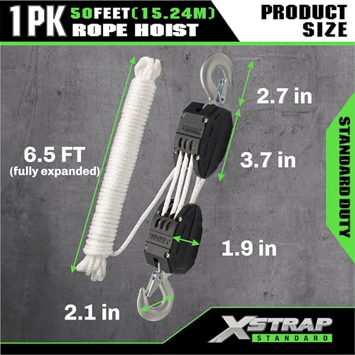 XSTRAP STANDARD Heavy-Duty 50 FT Reflective Rope Hoist Pulley System, White | Metal Wheels Bearing 2000 LB Breaking Strength Block and Tackle Pulley System for Lifting Heavy Objects, with 2pcs Soft Loops - color: 50ft White Upgraded