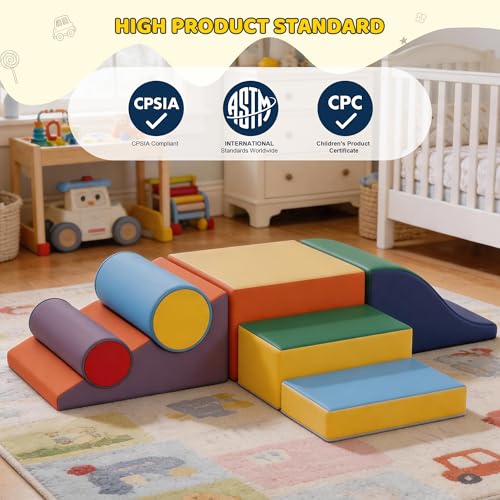 Soft Climbing Toys for Toddlers, 7-Piece Foam Climbing Blocks with PU Leather Cover, Modular Climb and Crawl Activity Play Set for Indoor Playroom (Classic) - color: Classic