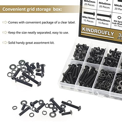 382 Pieces Black M4 x 5/6 /8/10 /12/16 /20mm Button Head Socket Cap Screws Nuts Washers Assortment Kit, 10.9 Grade Alloy Steel - size: M4, style: Button Head
