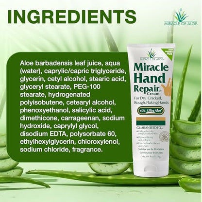 Miracle Aloe Hand Cream For Dry Cracked Hands, 4 Oz, 60% Aloe Vera, 2 Pack | Hand Repair Cream, Non Greasy Fast Absorbing Moisturizer, Working Hands Lotion For Extremely Dry Skin, Travel Size, Elbows - size: 4 Ounce (Pack of 2)