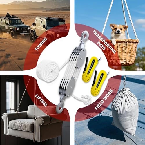 YATOINTO Upgraded Rope Pulley Hoist 4400 LB, 8:1 Pulley Block and Tackle System, Pulley Block 2200LB Loading Capacity, 65ft Heavy Duty Rope Hoist for Hunting Garage Warehouse (with 2PCs Straps) - size: 4 Pulley+2 straps