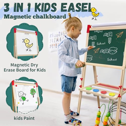 Adjustable Wooden Art Easel for Kids,Double Sided Chalkboard & Whiteboard | Drawing & Painting Station with 114+ Art Supplies,Height Adjustable Magnetic Board for Toddlers Ages 3-12,2 Paper Rolls - color: green