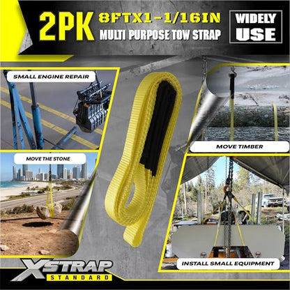XSTRAP STANDARD 2PK 1''x 8FT Lift Sling Web Strap/Wear Guard End, Heavy Duty Flat Eye Lifting Sling with 2 Reinforced Loops for Tree Saver Lifting Furniture Appliances Machine | 4,000 lbs Break Strength Lifting Straps with 2 Reinforced Loops for Tree Save