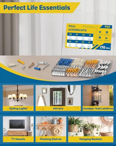 Vibit 170 Pcs Self Drilling Drywall Anchors, Heavy Duty Wall Anchors for Drywall, Toggle Bolts for Drywall & Hollow Walls, Carbon Steel & Plastic Dry Wall Anchors and Screws Kit for Hanging