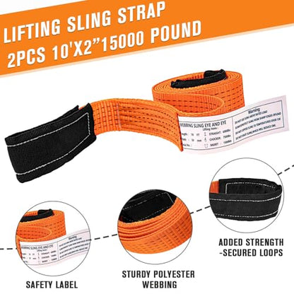 2 Pcs 2" x 10FT Heavy Duty Nylon Lifting Slings and Straps | 15000lb Capacity Flat Eye Rigging Strap for Hoist, Towing, Moving, Tree Saver Recovery and Winch