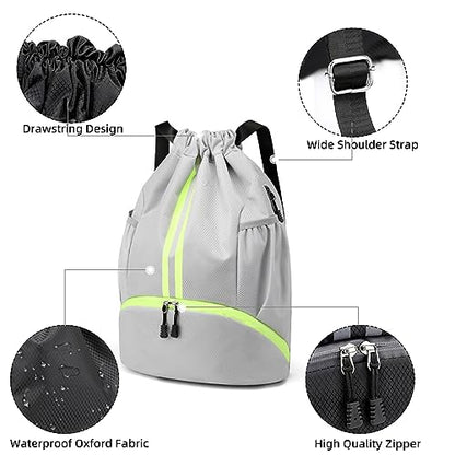 Valleycomfy Sports Drawstring Backpack - Water Resistant String Bag Grey | with Side Mesh Pockets Shoe Compartment Gym Backpack for Women & Men - color: A-grey