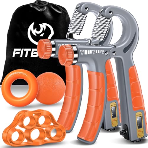 FitBeast Hand Grip Strengthener Workout Kit (5 Pack), 2 Forearm Grip Adjustable Resistance Hand Gripper, Finger Stretcher, Grip Ring & Stress Relief Grip Ball for Athletes - color: Orange