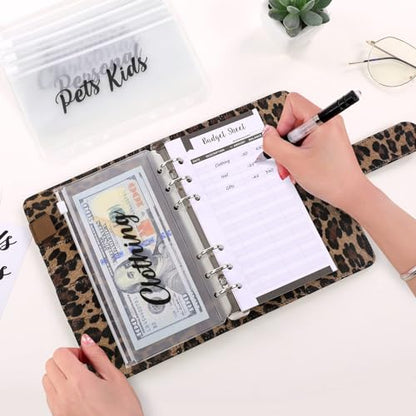 SKYDUE A6 Budget Binder with Zipper Envelopes, Money Organizer for Cash with 12Pcs Expense Budget Sheet & 24Pcs Stickers, Cash Envelopes for Budgeting and Saving - color: Leopard Brown