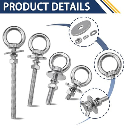 4 Pack M8 Stainless Steel Eye Bolts with Nuts, 5/16" x 2" Eye Bolts | 304 Stainless Steel Eye Bolt,Eye Bolts Heavy Duty for Hang Tie Down Outdoor,m8 eye bolt,Long Lifting Ring Eye Bolt - size: M8x51mm (5/16"x2")