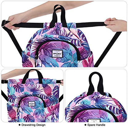 Dry Wet Drawstring Backpack with Shoe Compartment for Women Adjustable Gym Bag - color: Pineapple Colorful