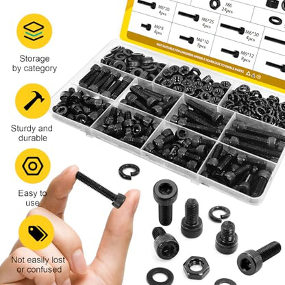 185PCS M6 Screws with Nuts Assortment Kit - M6x8/10/12/16/20/25/30/35 mm Hex Socket Head Cap Bolts with Nuts & Washers Assorted Set - 12.9 Alloy Steel Black Zinc Plated Anti-Rust Hardware Set - size: M6 185pcs