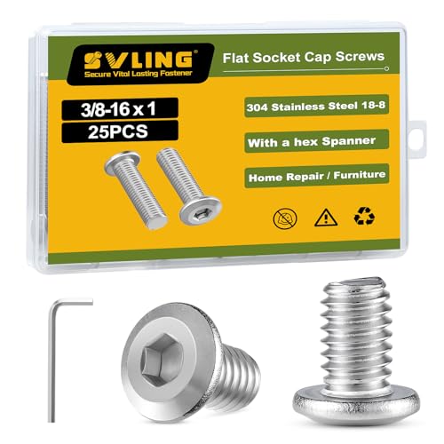 3/8-16 x 1 Bolt, 25PCS Flat Head Hex Socket Cap Screws Bolts, 304 Stainless Steel 18-8, Fully Threaded, with Hex Spanner - color: Silver, size: 3/8-16 x 1