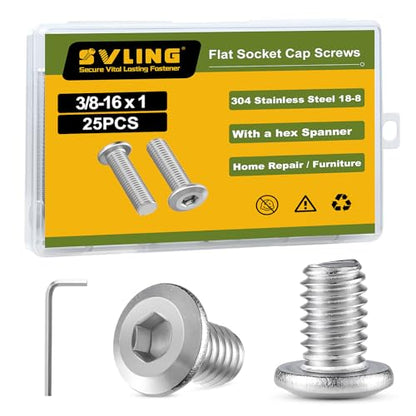3/8-16 x 1 Bolt, 25PCS Flat Head Hex Socket Cap Screws Bolts, 304 Stainless Steel 18-8, Fully Threaded, with Hex Spanner - color: Silver, size: 3/8-16 x 1