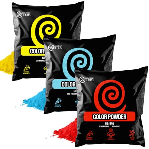 Chameleon Colors Colored Powder Bulk Bags, 5LB ea, Fun Run, Color War, 3 Pk | Non-Toxic & Washable, Colored Chalk for Throwing, School & Party Events, Holi Festivals, FD&C-Approved, 3 Vibrant Colors - size: 3 Pack