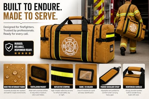 Firefighter Turnout Gear Bag – Heavy Duty Fire Resistant Equipment Duffel with Ventilation Pocket, Reflective Striping, Name Holder & Padded Shoulder Strap – Fireman Gear Bag (Khaki)