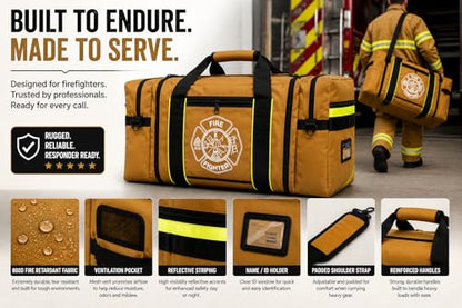 Firefighter Turnout Gear Bag – Heavy Duty Fire Resistant Equipment Duffel with Ventilation Pocket, Reflective Striping, Name Holder & Padded Shoulder Strap – Fireman Gear Bag (Khaki)