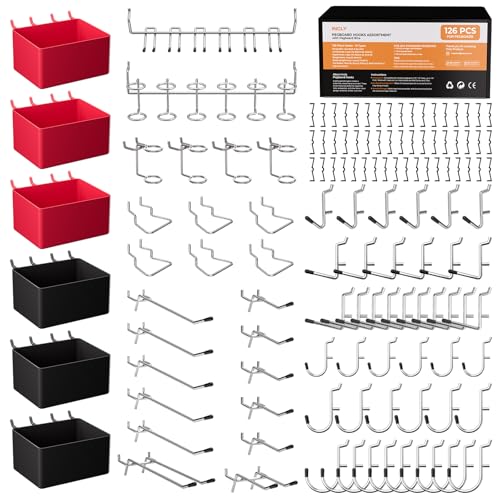 INCLY 126PCS Peg Board Organizer Accessories Kit, Pegboard Hooks Assortment with 6 Bins for Organizing Various Tools, Fit 1/8 or 1/4 inch Pegboard for Hanging Storage, Garage, Workbench, Craft Room - size: 126 PCS