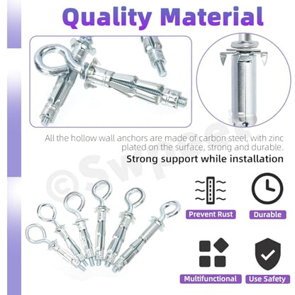 Swpeet 46Pcs M4x32mm M4x38mm M5x37mm M5x52mm M6x52mm M6x65mm O-Shape Heavy Duty Hollow Wall Anchor Set, Hollow Drive Wall Anchor Screws Assortment Kit for Drywall Hollow Wall Plaster Walls