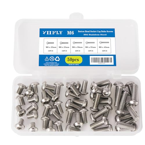 M6-1.0 Button Head Socket Cap Bolts Screws - 20/25/30/35/40mm Length Kit,304 Stainless Steel(A2-70), Allen Drive, Bright Finish, Fully Threaded, 50-Piece Set - size: 304-Button-M6-20-40mm