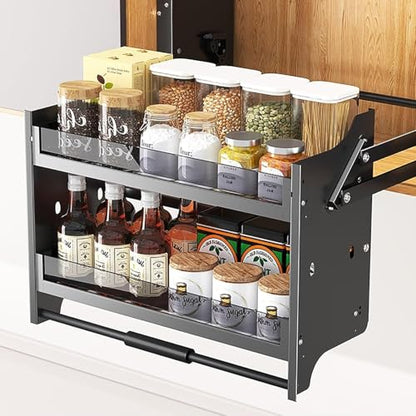 Pull Down Shelf 2 Tier Upper Kitchen Wall Cabinet Sliding Spice Rack Organiser for Plates and Bowls,33.9 - size: 33.9