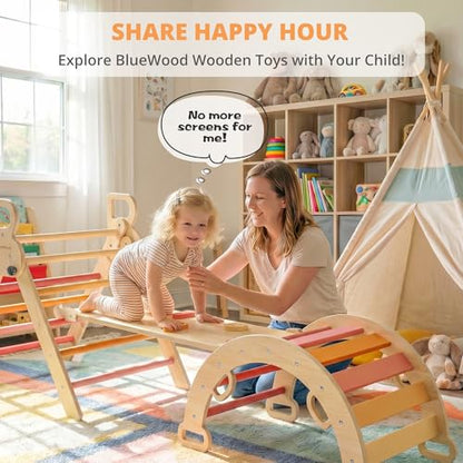 BlueWood Pikler Triangle Set, Toddler Climbing Toys Indoor 7in1 Foldable | Wooden Climber for Kids, Montessori Philosophy Play Jungle Gym with Arch, Ramp, Ladder (Farm Charm Autumn) - color: Farm Charm Autumn
