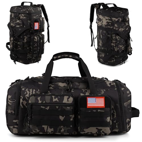 Tactical Gym Bag for Men,70L Large 3-in-1 Sports Duffle Bag for Travel Gym | Water Resistant ,Adjustable Shoulder Strap,MOLLE Weekender Overnight Bag with Shoes Compartment,Gym Backpack for Gym,Travel - color: Camo Black, size: Large