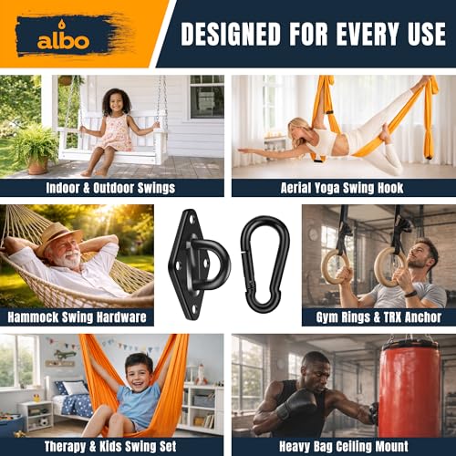 Albo Diamond Plate 2650lbs Swing Hangers 4 PCS - Heavy Duty Ceiling Mount Hooks with Snap Carabiners, 304 Stainless Steel for Wood & Concrete & Metal, Indoor Outdoor Anchor for Hammock, Yoga, TRX - size: Diamond 4pcs Black