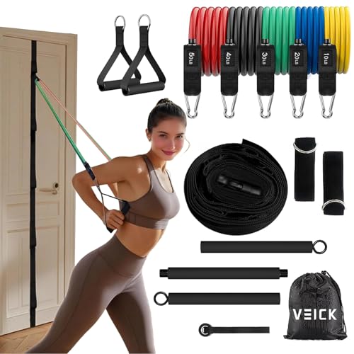 VEICK 10-150LBS Resistance Bands with Handles, Ankle Straps, Door Anchor | Accredited Lab Certified, 100% Natural Latex, Versatile for Yoga, Pilates, Strength, Home Gym - color: Colorful, style: 10-150LBS + Door Anchor Strap + Pilates Bar