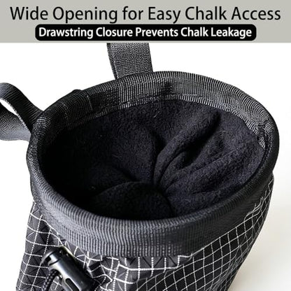 Rock Climbing Chalk Bag, 210D High-Tensile Polyethylene Durable Chalk Bag with Fleece Lining & Adjustable Belt, for Bouldering, Gym, Weightlifting - color: Black