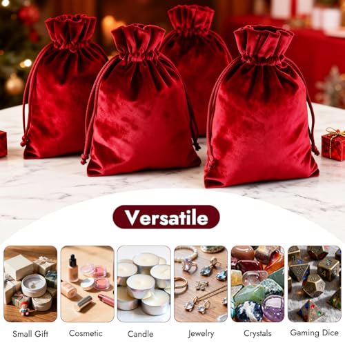 HRX Package Soft Velvet Gift Bags, 5.1x7.8 inch Velvet Drawstring Pouches -Red for Jewelry Crystal Dice Tarot Rune (4 Pack) - color: Red