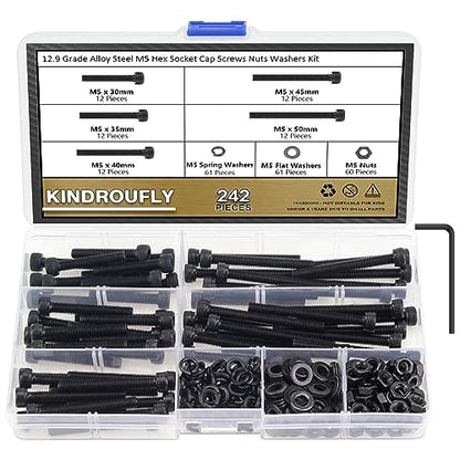 242 Pieces Black M5 x 30/35 /40/45 /50 mm Hex Socket Head Cap Screws Nuts Washers Assortment Kit, 12.9 Grade Alloy Steel - size: M5 x 30/35/40/45/50mm, style: Socket Head