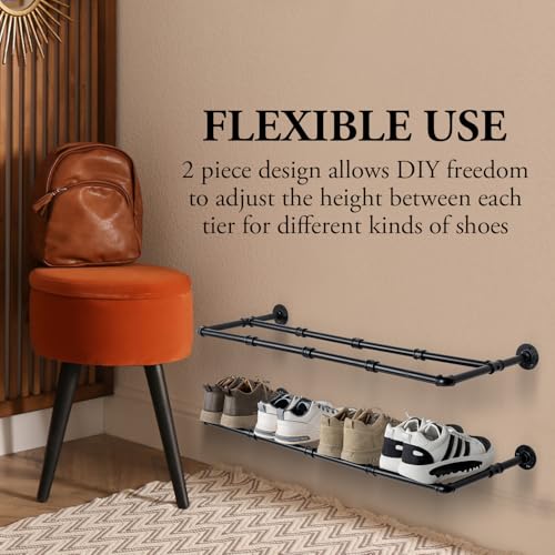 MyGift Industrial Matte Black Metal Pipe Hanging Shoe and Boot Rack Organizer Shelf, Wall Mounted Space Saving Footwear Storage Shelves for Closet, Mudroom, Entryway, Set of 2, Holds 8 Pairs - size: 35 Inch