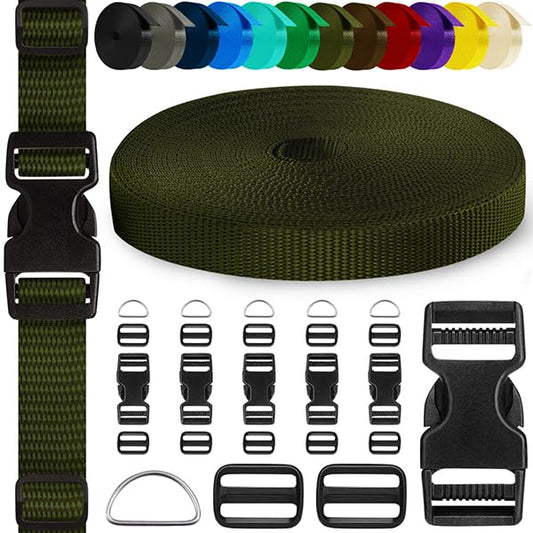 TECEUM 3/4" Nylon Strap Kit with Buckles, Khaki 6 yards Repair Set | Heavy duty hardware kit: 6yd webbing, 6 quick release buckles, 12 tri-glide slide clips, 6 metal D-rings for crafting. - color: Khaki, size: 3/4" - 6 yards, style: 6 Buckle - 12 Slides -