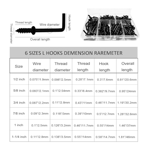 150 PCS 7 Shaped Right Angle Screw Hooks Sets,Black 6 Sizes Screw in L Shaped Hooks for Hanging Lamp,Plants,Decorations,kitchenware and DIY Crafts,(1/2",5/8",3/4",7/8",1",1-1/4") - size: 6sizes 150pcs
