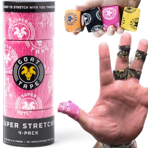Goat Tape Super Stretchy Thumb Tape - Weightlifting Hook Grip Tape & WOD Tape for Cross Training, Gym Workout Tape, Athletic Finger Wrap - Flexes with Every Move - 15 Feet per Roll (Pink 4-Pack) - color: Pink 4-pack