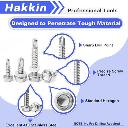 470Pcs Self Tapping Screws for Metal #8#10#14, Hakkin 410 Stainless Steel Self Drilling Screws Assortment Kit, Hex Washer Head Sheet Metal Screws Kit, Tek Screws 1/2" 3/4" 1" 1-1/2", Socket Included - size: 470PCS #8 #10 #14 Self Drilling Screws Silver