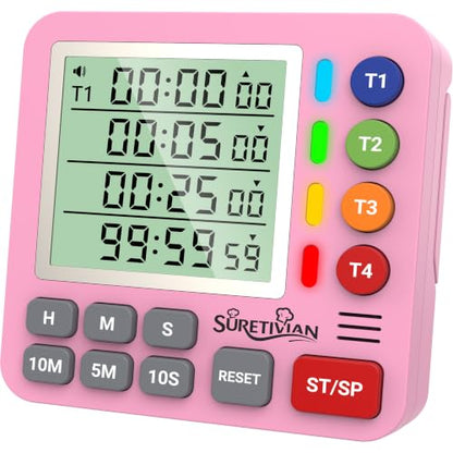 Digital Kitchen Timer with 4 Channel, Loud Alarm and Silent Mode | Magnetic Cooking Timer with Count Up & Countdown for Kids and Seniors, Large Display to Read, Auto Memory, Battery Included - color: Pink