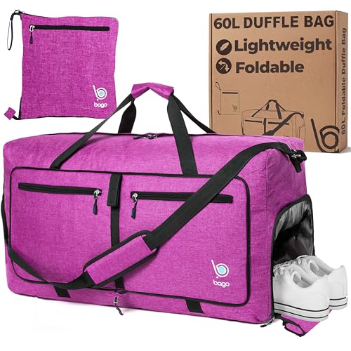 Bago Large Duffle Bag for Travel Women & Men. Durable Lightweight Foldable Travel Duffel Bags For Traveling Women. 60L Duffle Bags For Overnight Bag With Shoe Compartment Collapsible Weekender duffel - color: SnowPink, size: 60L