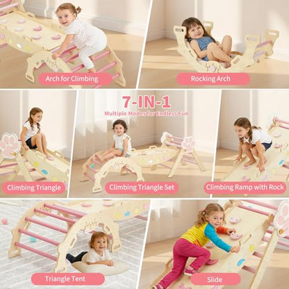 Takywep Pikler Triangle Set, 7-in-1 Foldable Pikler Triangle Climbing Toys Set with Arch & Ramp & Ladder, Indoor Playground Gym, Wooden Montessor Climbing Set for Kids Toddler - color: Pink-cat