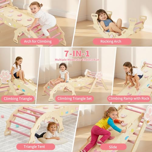 Pikler Triangle Set with Safe Handle, 7-in-1 Montessori Climbing Set for Toddlers, Wooden Pickler Climbing Set, Collapsible Climbing Triangle Climbing Set, Baby Jungle Gym & Playground, for 1-3 Year - color: Pink