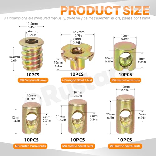 60Pcs M6 Yellow Zinc Barrel Nuts Four-jaw Tee Nuts and Threaded Insert Assortment Kit Metric Cross Dowels Slotted Nut T Nut Wood Inserts Bolt for Wood Furniture Beds Crib Chairs - style: 60pcs yellow zinc nuts assortment kit