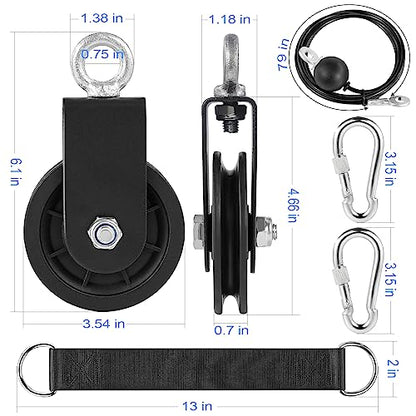 3.54 in Cable Pulley 360 Rotation Traction Wheel with Carabiner and Strap,Silence Smooth Detachable for DIY Gym Pulley System,DIY Gym Attachment Lifting Blocks,Ladder Lift,Hoists,Clothesline - color: 1 Pulley+1 Straps+2 Carabiner+ 79in Cable 1pcs
