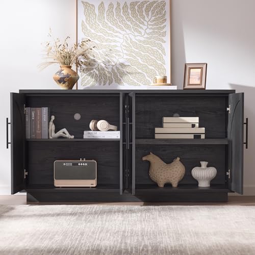 Fatmok 59" Sideboard Buffet Cabinet & TV Stand Set of 2, Modern Arched Credenza with Adjustable Shelves and Long Metal Handles, Wood Console Coffee Bar Storage for Living Room, Black Grey - color: Aa-black Grey