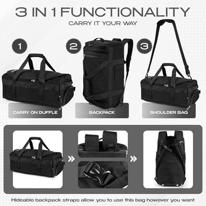 3-in-1 Duffle Bag Backpack with Shoe & Laptop Pocket, Cup Holder, Ventilated Gym & Travel Bag (Black/Silver) - color: Black/Silver