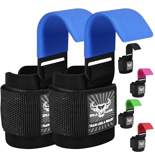 BEAST RAGE Workout Hooks for Men, Durable Coated Grip Gym Straps for Weightlifting Wrist Wraps Training Weight Lifting Strength Fitness Bodybuilding Anti Slip Women Hook Exercise - color: Blue