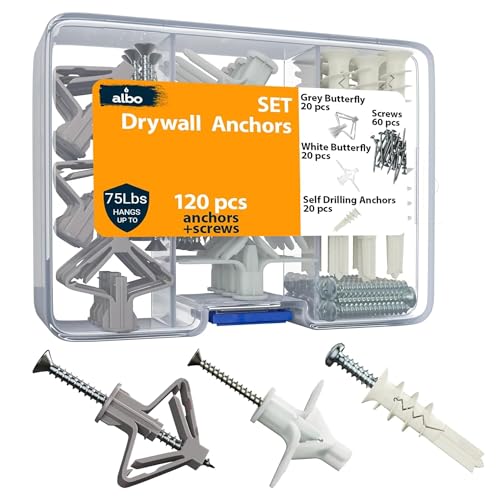 ALBO Drywall Anchor Kit with Screws - 120 Pcs Hollow Wall Set (Grey Butterfly, White Butterfly, Self Drilling, Screws) - Plastic Anchors for Drilling Hollow Walls - color: Kit 3in1