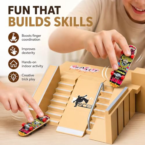 Mnixy 8-in-1 Fingerboard Skate Park Kit with 2 Mini Boards, Ramps and Rails | Includes 2 mini fingerboards, 5 ramp pieces, 18 connectors and screwdriver for building stairs, rails and custom skate parks.
