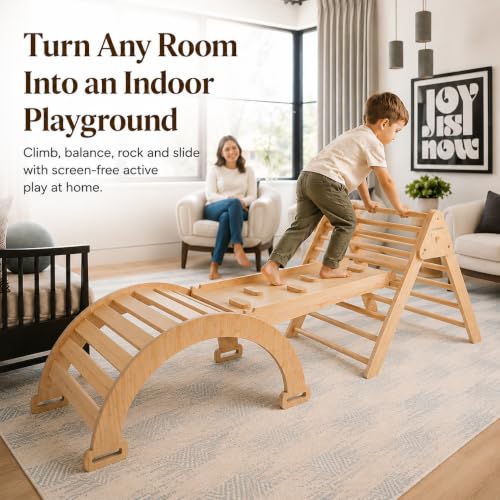 Avenlur 5-in-1 Pikler Triangle Set – Hazel Montessori Indoor Jungle Gym – Climbing Triangle, Waldorf Rocker, Toddler Indoor Climbing Toys, & Slide – Wooden Indoor Playground Playset, Ages 2-7 | Montessori Climbing Set & Indoor Playground: Triangle Ladder,