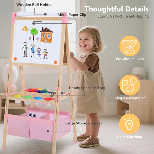 Kinder King Adjustable Wooden Kids Art Easel, Paper Roller, Storage (Pink) | Double-Sided Magnetic Whiteboard & Chalkboard, Art Supplies, Indoor & Outdoor, Painting & Drawing, 3 Years+, Gift - color: Pink