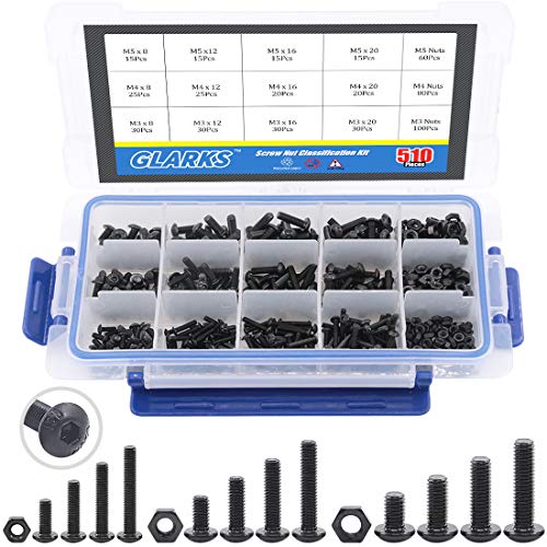Glarks 510Pcs M3 M4 M5 Alloy Steel Button Head Socket Cap Bolts Screws with Nuts Assortment Kit, Black Oxide Finish(Button Head) - size: Hex Button Head Cap Screws Set